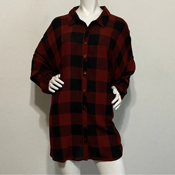 Torrid NEW Red Black Button Front Collared Rust Plaid Drop Shoulder Shirt Size 3 - Picture 3 of 9